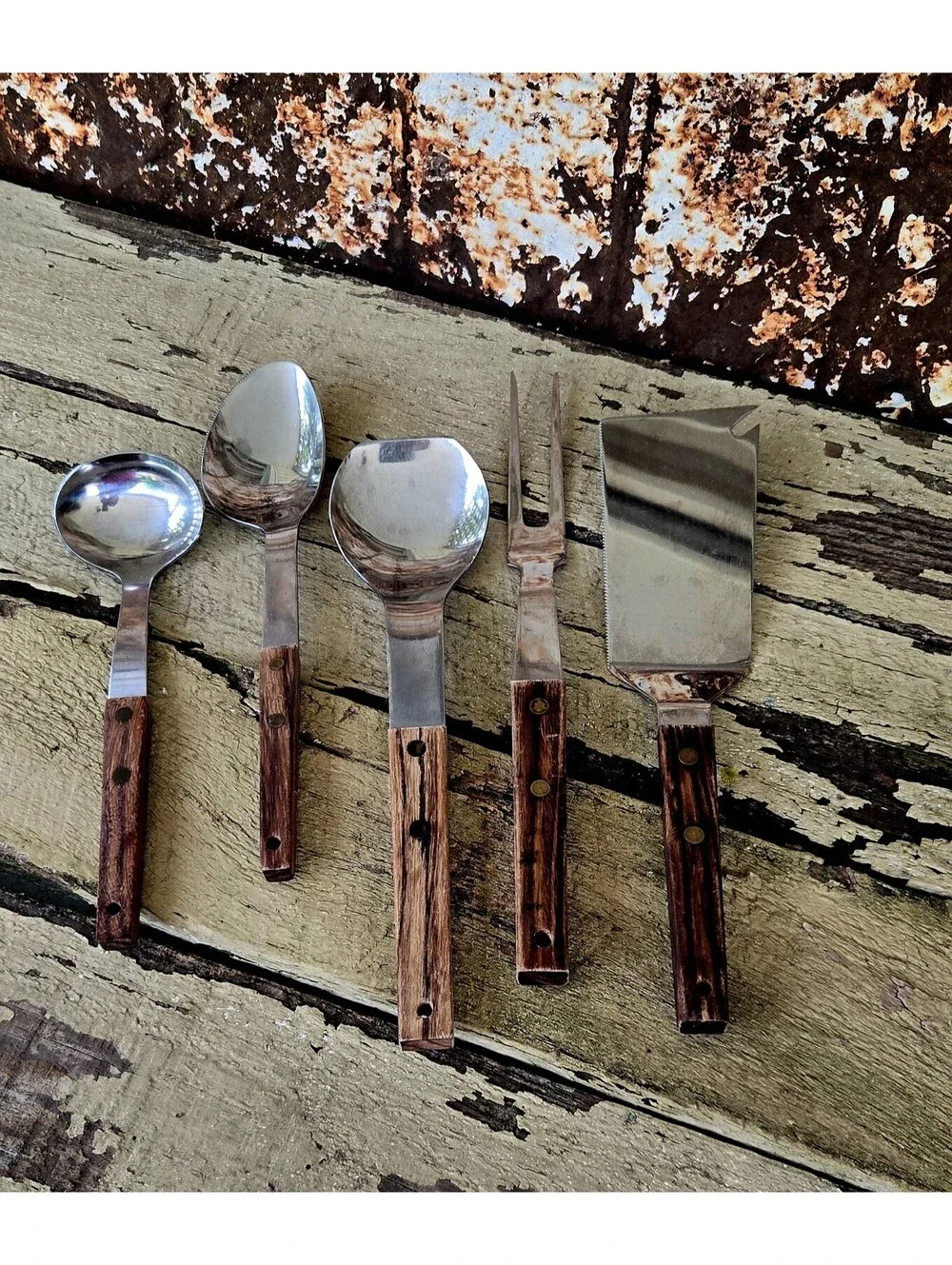 Vintage Vernco Mid Century Modern 5 pc Serving Set Stainless Japan Wood Handle